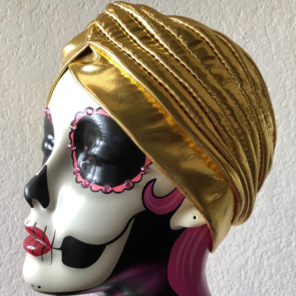 Shiny Gold Metallic Pinup Turban cloche hat Hollywood Glamour